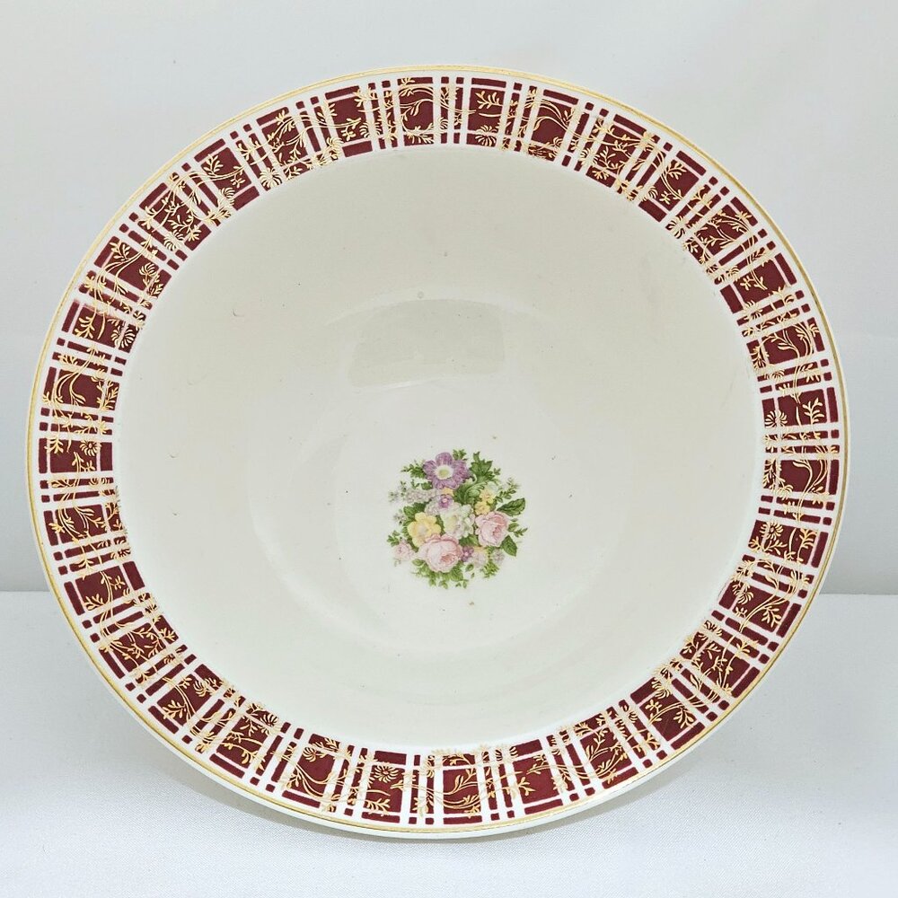 Homer Laughlin Piccadilly Serving Bowl 9" red rim gold floral center 1942
